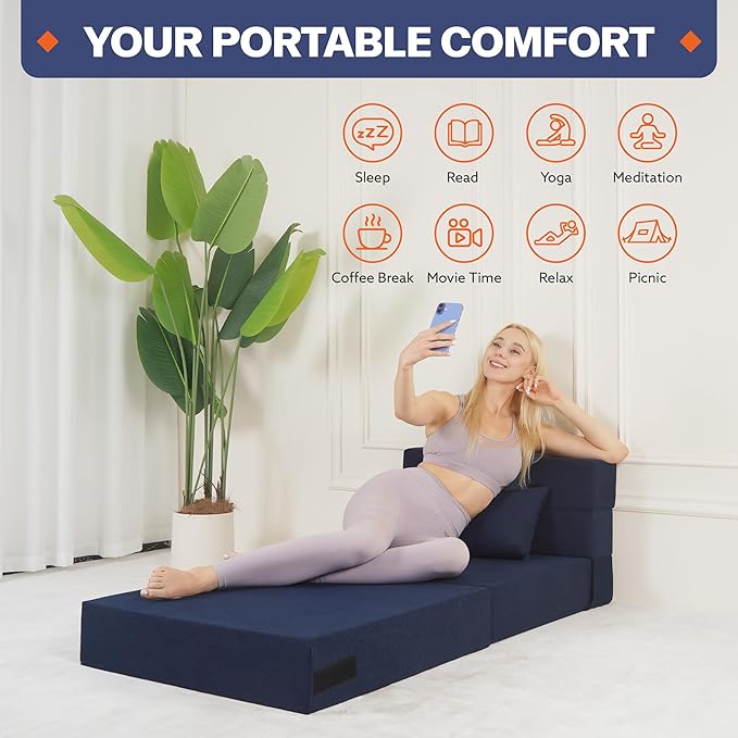Fvkind Folding Sofa Bed, 4 in 1 Convertible Fold Out Single Chair Bed with Pillow, Memory Foam Futon Chair, Foldable Futon Couch, Foldable Sofa Mattress for Living Room, Bedroom, Guest Room, Blue