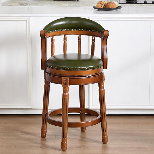 Cow top Leather Wooden Bar Stools, 29.5" Height Bar Chair with Back, 180 Degrees Swivel Bar Stools Chair for Home Kitchen Counter,Restaurant,1pc (Green-1pc, Counter Seat Height 26in)