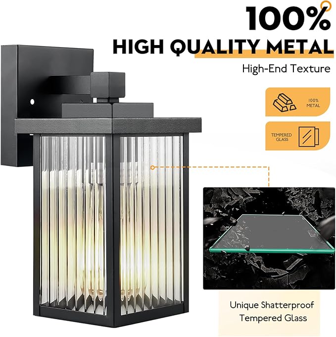 2 Pack Modern Farmhouse Outdoor Wall Lights,IP65 Waterproof & All-Metal Build,Textured Tempered Glass for Soft, Elegant Glow for Porch, Garage, Front Door