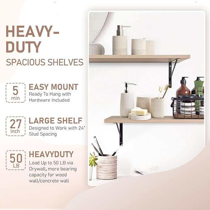 Kaboon 27 inch Long 10 inch Deep Floating Shelves for Wall Set of 2, Large Open Shelves Wall Mounted, Space Saving Home and Commercial Use, Oak/Grey Tone