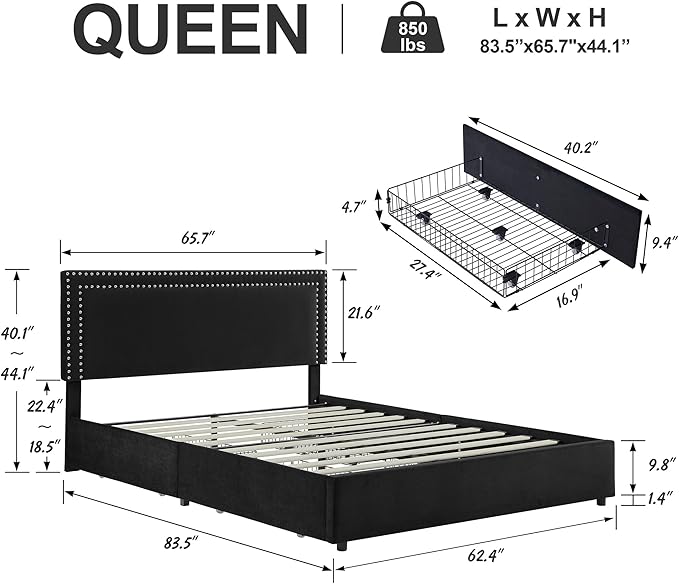 VECELO Queen Size Upholstered Platform Bed Frame with 4 Storage Drawers, Adjustable Velvet Rivets Headboard, Wooden Slats Support, No Box Spring Needed, Easy Assembly