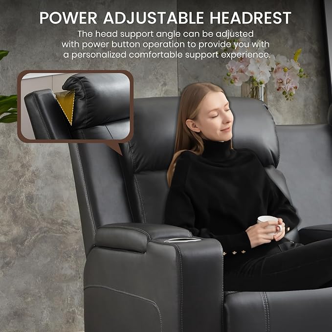 Power Reclining Loveseat with Console/Wireless Charging, Power Loveseat Recliner Sofa with Power Headrest/LED Light/Armrest Storage, Wall Hugger Reclining Loveseat(Dark Grey, 2 Seater)
