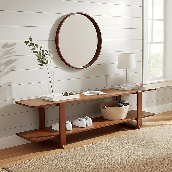 Welnow Bamboo TV Stand for Up to 65 Inch, Mid Century Modern Entertainment Center with 2-Tier Open Shelves, Storage Media Console Table for Living Room, Bedroom, Walnut