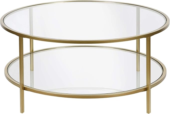 Henn&Hart 36" Wide Round Coffee Table with Glass Top in Brass, Round Coffee Table for living room, studio apartment essentials