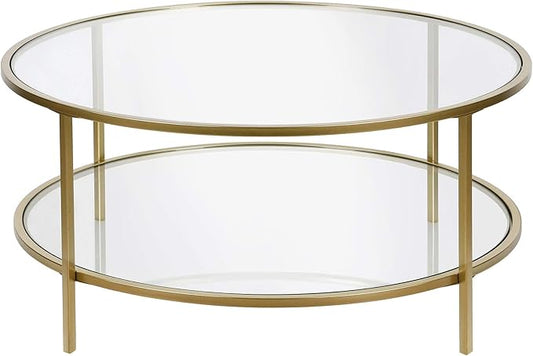 Henn&Hart 36" Wide Round Coffee Table with Glass Top in Brass, Round Coffee Table for living room, studio apartment essentials