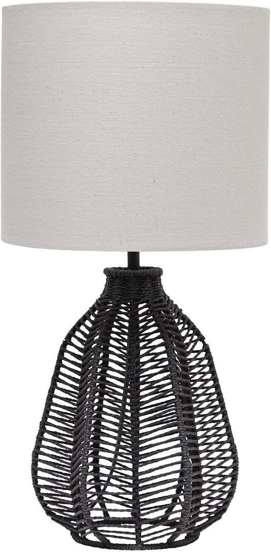 Elegant Designs LT2106-BLK 21" Tall Boho Coastal Inspired Rustic Paper Rope Rattan Wicker Look Standard Table Desk Nightstand Lamp with Light Gray Fabric Linen Shade, Black
