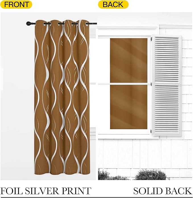 NICETOWN Blackout Gold Brown Kitchen Curtain 72 inch Long, Home Decoration Wave Line Foil Printed Design Drapes for Nursery and Baby Room, 2 Panels