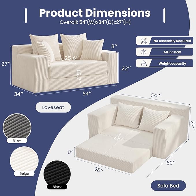 3-in-1 Convertible Sofa Bed: Boneless Loveseat Sleeper & Folding Couch Bed with 4 Pillows & Detachable Cushion for Bedroom, Small Space, Guest and Living Room, Corduroy Futon, No Assembly,Beige