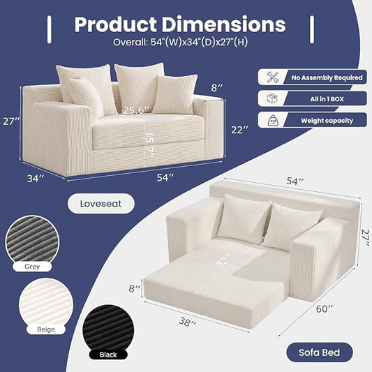 3-in-1 Convertible Sofa Bed: Boneless Loveseat Sleeper & Folding Couch Bed with 4 Pillows & Detachable Cushion for Bedroom, Small Space, Guest and Living Room, Corduroy Futon, No Assembly,Beige