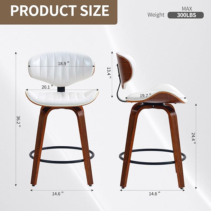 Counter Height Bar Stools Set of 3, 24 inch PU Leather Wooden Bentwood Barstools Swivel Modern Breakfast Bar Chairs with Backrest and Footrest for Kitchen Island, Dining Room D035-White-3