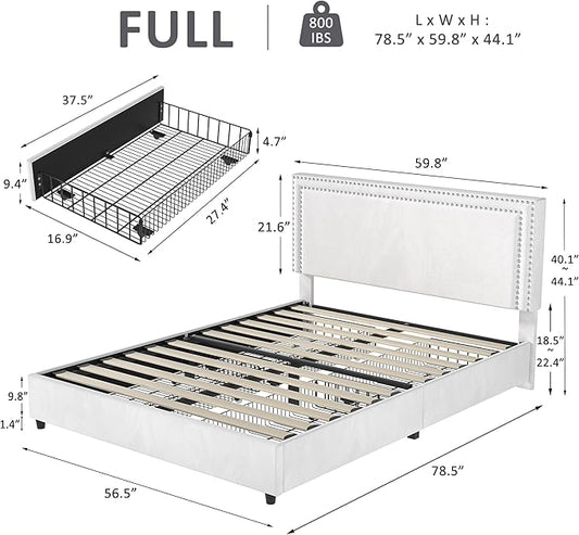 VECELO Full Size Upholstered Platform Bed Frame with 4 Storage Drawers, Adjustable Velvet Rivets Headboard, Wooden Slats Support, No Box Spring Needed, Easy Assembly