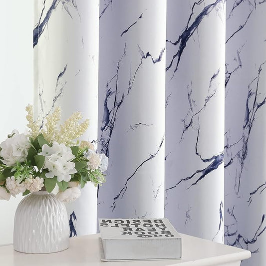 H.VERSAILTEX 100% Blackout Curtains 96 inch Length 2 Panels Set Marble Designs Printed Drapes Thermal Curtains for Bedroom with Black Liner Sound Proof Curtains, Dark Blue
