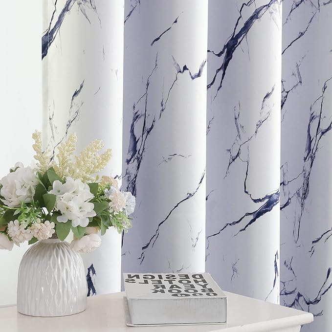 H.VERSAILTEX 100% Blackout Curtains 84 inch Length 2 Panels Set Marble Designs Printed Drapes Thermal Curtains for Bedroom with Black Liner Sound Proof Curtains, Dark Blue