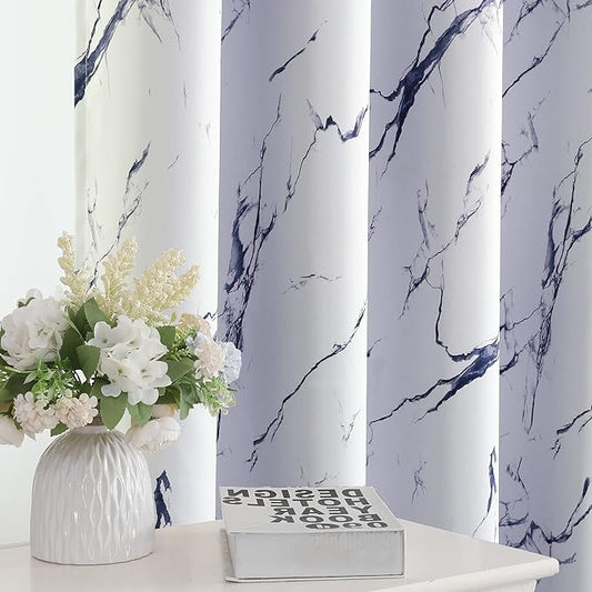 H.VERSAILTEX 100% Blackout Curtains 84 inch Length 2 Panels Set Marble Designs Printed Drapes Thermal Curtains for Bedroom with Black Liner Sound Proof Curtains, Dark Blue