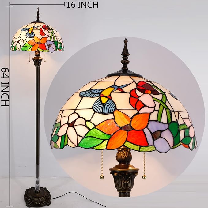 WERFACTORY Tiffany Floor Lamp Hummingbird Amber Stained Glass Standing Reading Light 16X16X64 Inches Antique Pole Corner Lamp Decor Bedroom Living Room Home Office S101 Series