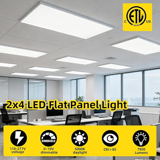 2x4 LED Flat Panel Ceiling Light,20 Pack,7800LM LED Ceiling Light Fixture,0-10V Dimmable,5000K Daylight White Recessed Edge-Lit Troffer Fixture,ETL Certificated,Dustproof,110-277V AC