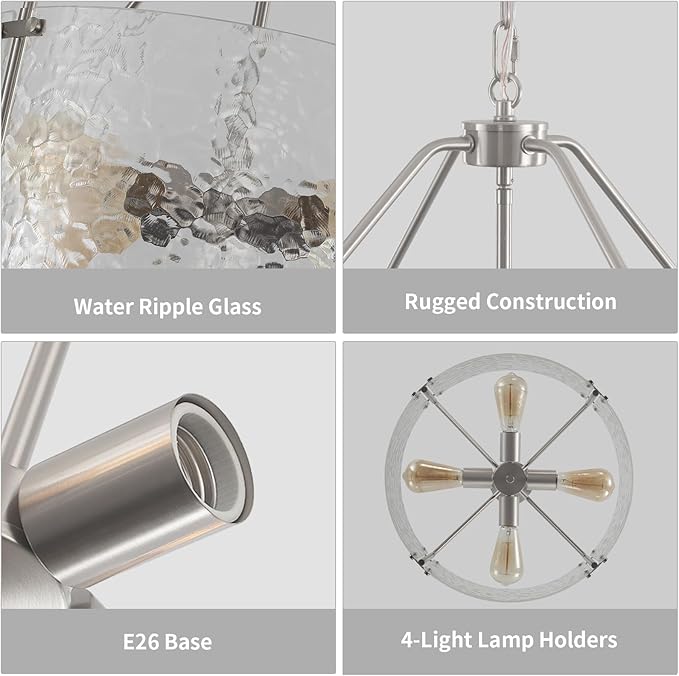 Glass Drum Chandelier for Dining Room 18'' Brushed Nickel Entryway Light Fixture 4-Light Kitchen Chandeliers Over Table Bedroom Light Fixture for Living Room Hallway Foyer Kitchen