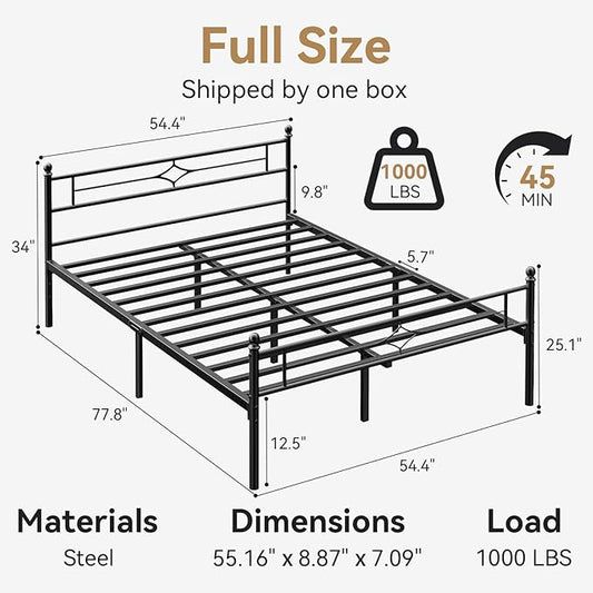 BedsPick Full Size Metal Bed Frame with Headboard and Footboard, Platform Bed Frame with Premium Steel Slats Support/12.5'' Under Bed Storage Space/No Box Spring Needed/Noise Free/Easy Assembly/Black