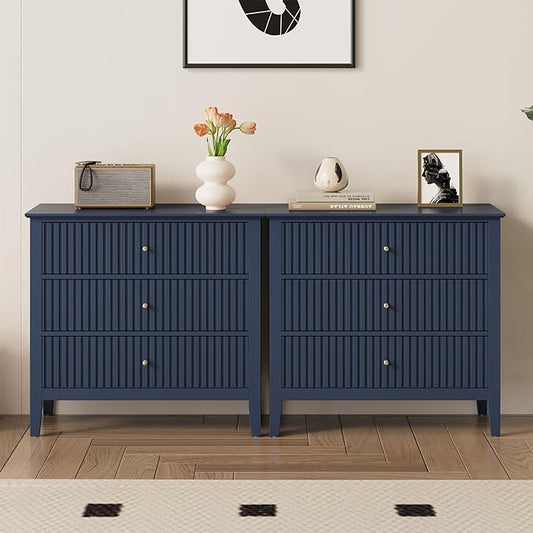 Large Blue Fluted 3 Drawer Dresser Set of 2, Chest of Drawers with Ball Bearing Slide Modern 30 inch Tall Wood Nightstand with Spacious Storage for Bedroom Hallway Living Room Entryway
