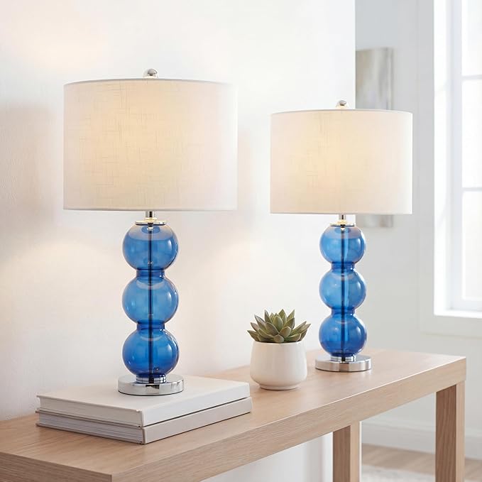 JONATHAN Y 27" Cobalt Blue/Chrome Triple-Sphere Glass Table Lamp Set of 2, Bedside, White Linen Shade, Modern Table Lamps for Living Room, Bedroom, Office, LED Bulbs Included (JYL1070E-SET2)