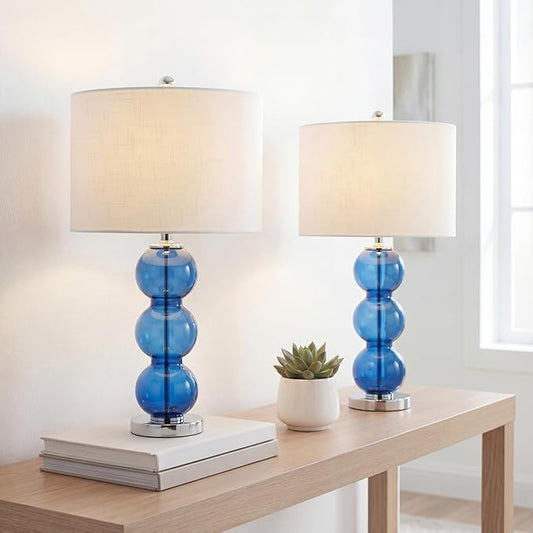 JONATHAN Y 27" Cobalt Blue/Chrome Triple-Sphere Glass Table Lamp Set of 2, Bedside, White Linen Shade, Modern Table Lamps for Living Room, Bedroom, Office, LED Bulbs Included (JYL1070E-SET2)