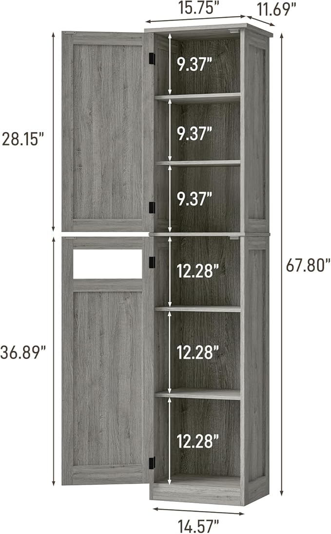 Vabches Tall Bathroom Cabinet, Slim Bathroom Storage Cabinet with Adjustable Shelves and 2 Doors, Narrow Floor Storage Cabinet for Bathrooms, Kitchen, Living Room, Rustic Grey
