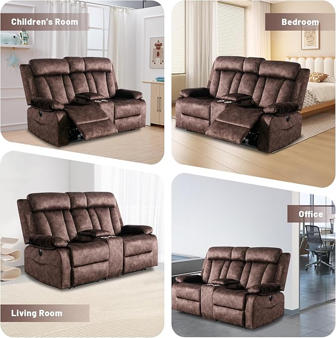 Power Reclining Loveseat with Console, Loveseat Recliner Sofa with Massage & Heat, Perfect Electric Couch for Living Room (Brown)