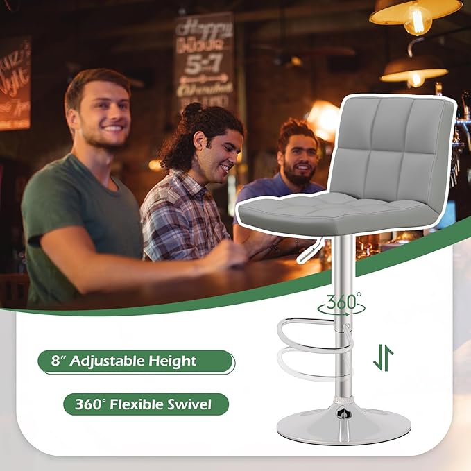 COSTWAY Adjustable Bar Stools Set of 4, Modern Swivel PU Leather Bar Chair with Backrest, Soft Cushioned Seat, Footrest, Sturdy Metal Frame, Comfortable Barstools for Kitchen Island, Pub, Grey