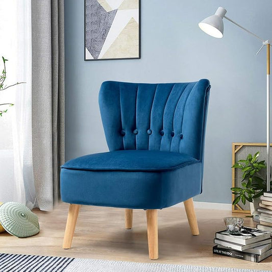 Giantex Modern Velvet Accent Chair, Small Upholstered Leisure Sofa Chair w/Wood Legs, Thickly Padded and Button Tufted, Armless Wingback Club Chairs for Living Room Bedroom Furniture (1, Blue)