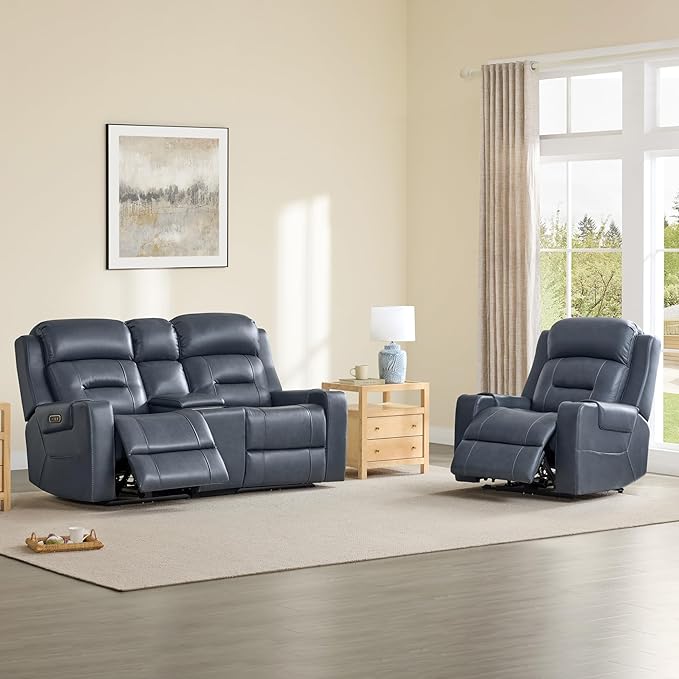 Watson & Whitely Genuine Leather Power Loveseat Recliner Sofa, Lay Flat Reclining Sofa with Console, Power Headrest, Cup Holders & Wireless Charging, Dual Recliner for Living Room, Navy Blue