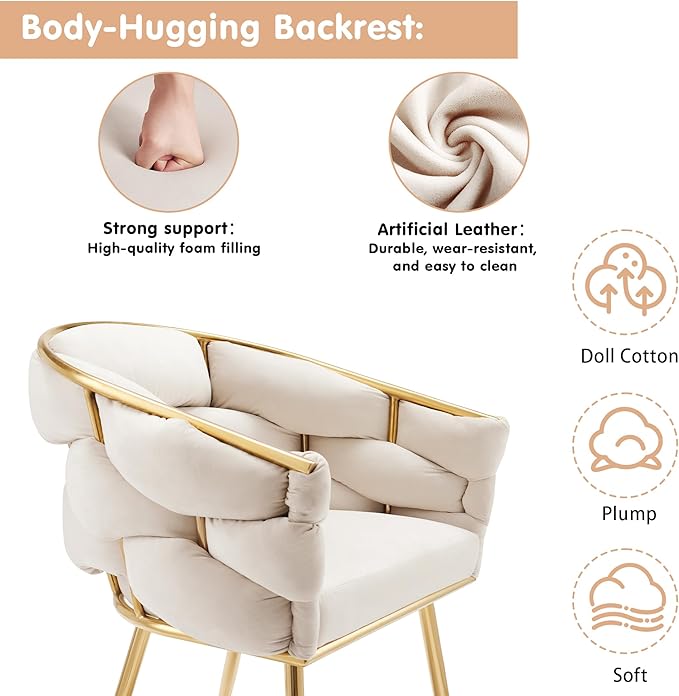 Luxury French Weave Accent Chair with Metal Legs, Mid Century Modern Lounge Chair for Living Room Bedroom Office, Industrial Chic Design Soft Cushion Sturdy Frame 350lb Capacity, White