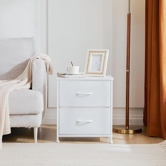 NEWBULIG Nightstand with 2 Fabric Drawers, 25 Inch Tall Small Dresser, Bedside Table with Storage for Bedroom, Closet, Entryway, Dorm, 2 Pack with Sturdy Frame and Compact Design, White02