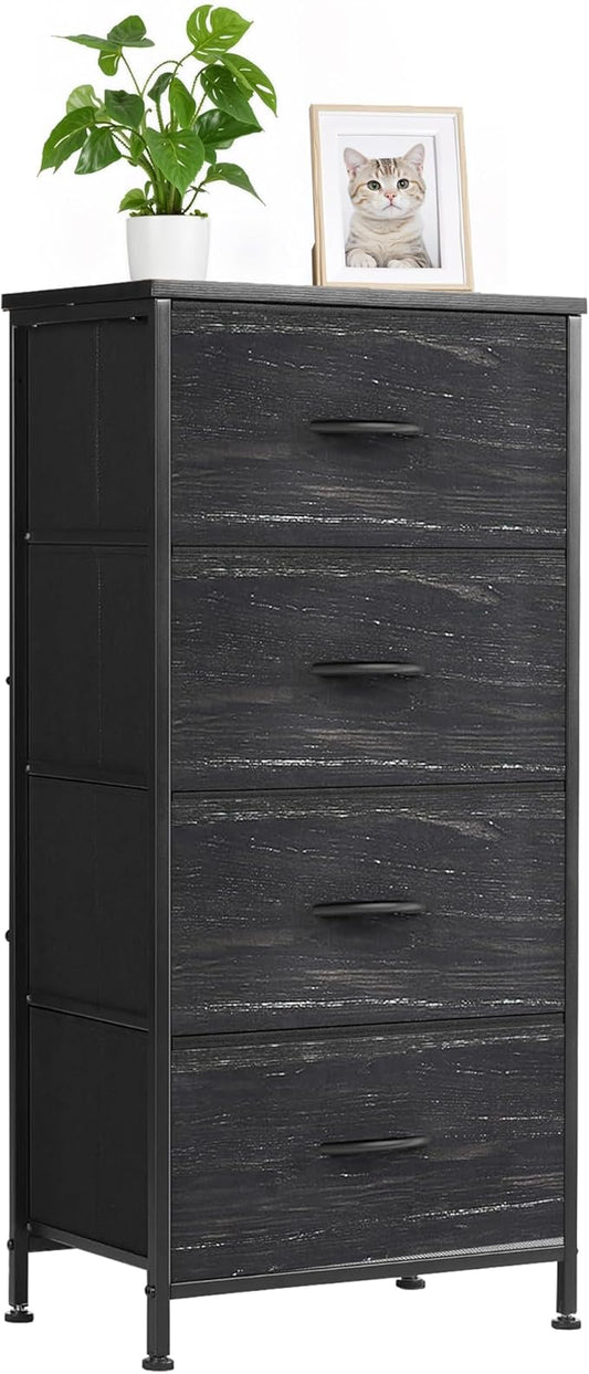 Nightstand with 4 Fabric Drawers, 37.4" H Tall Narrow Bedside Table with Wooden Top Steel Frame for Bedroom, Dorm, Closet, Living Room, Charcoal Black