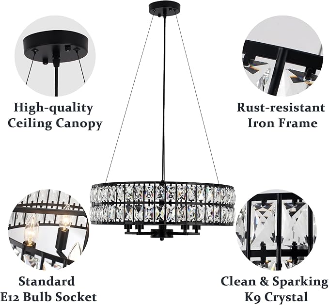 20" Black Crystal Chandelier, 5-Light Modern Dining Room Light Fixture Over Table Adjustable Height Hanging Industrial Pendant Lights Kitchen Island,Living Room Bedroom Entryway Foyer