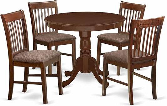 East West Furniture ANNO5-MAH-C 5 Piece Kitchen Table Set for 4 Includes a Round Dining Room Table with Pedestal and 4 Linen Fabric Upholstered Dining Chairs, 36x36 Inch, Mahogany