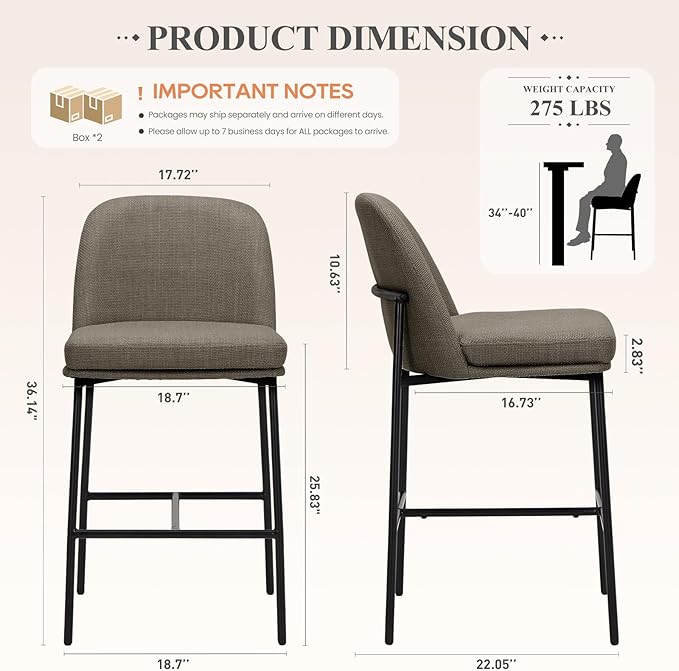 Bar Stools Set of 4, Modern Upholstered Counter Height Bar Chairs with Cushioned Seat and Curved Back, Fabric Kitchen Island Stools with Sturdy Metal Legs for Dining Room Island Bar, Brown