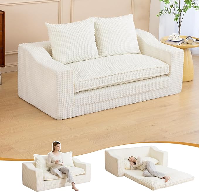 61" Convertible Sofa Bed Loveseat, Memory Foam Boneless Floor Couch with Removable Corduroy Cover, Tri-folding Compact Full-size Sleeper for Small Living Room, Playroom, Guest Room, RV (White) | Convertible Sofa Bed, Premium Memory Foam, Ergonomic Desi...