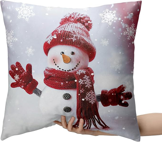 Christmas Winter Holiday Throw Pillow Covers Snowman Pillow Covers 18X18 Set of 2 Red Snowman with Snowflake Cushion Case for Couch Living Room Bedroom Sofa