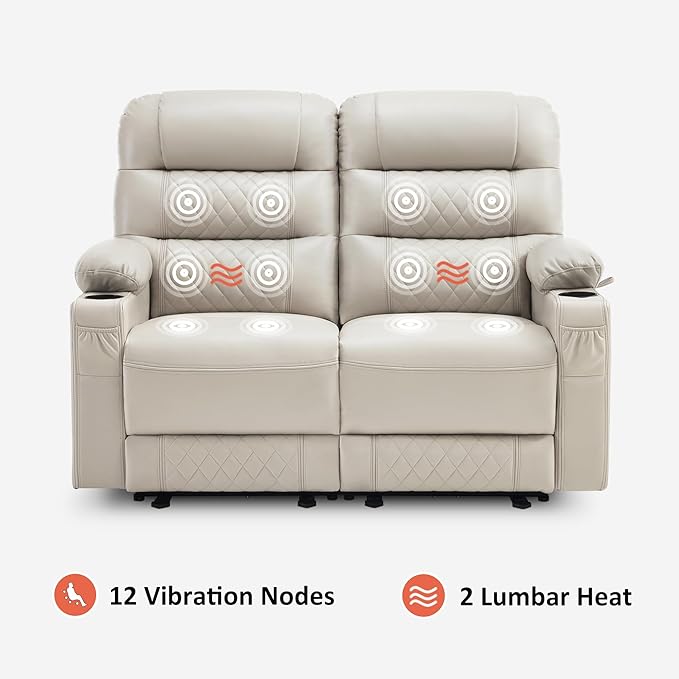 MCombo 56.3" Zero Gravity Power Loveseat Recliner with Heat and Vibration Massage, Reclining Loveseat Sofa with USB Ports, Cup Holders for Living Room, Faux Leather PR622Sets (Light Grey)