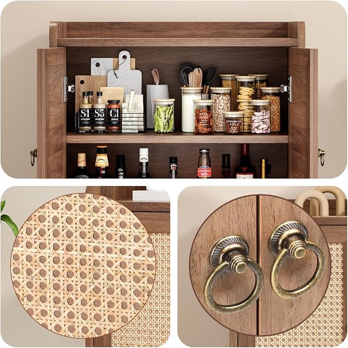 FONTOI Buffet Cabinet, Rattan Storage Cabinet with Round Pull Rings, Sideboard with Ample Storage, Bar Liquor Shelf with 2 Doors for Living Room, Hallway, Light Brown