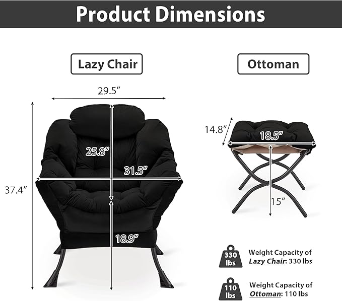 Lazy Chair with Folding Ottoman, Accent Chair Velvet Upholstered with Metal Structure and Non-Slip Pads, Sofa Armchair with Footrest and Side Storage Bag for Dorm, Room, Office, Black