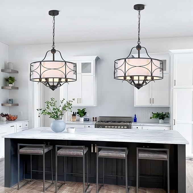 20" Large Black Drum Chandelier - 6 Lights Adjustable Height Modern Farmhouse Pendant Light Fixtures with White Fabric Shade for Kitchen Island Vintage Foyer Entryway Living Room Bedroom