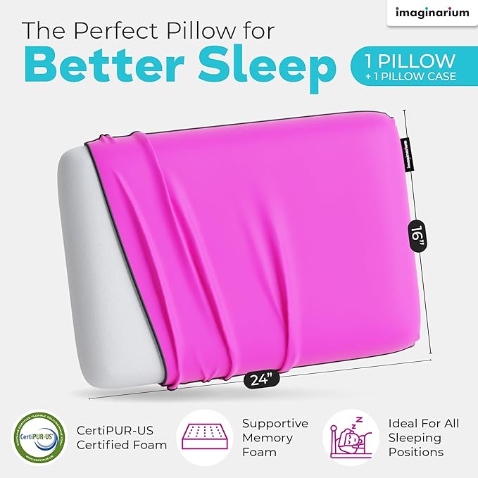Imaginarium Memory Foam Pillow for Bed - 16" x 24" Standard – Fun Decorative Colorful Pillow for Sleeping - Back, Stomach & Side Sleepers – Includes Cooling Cover (Party Pink)