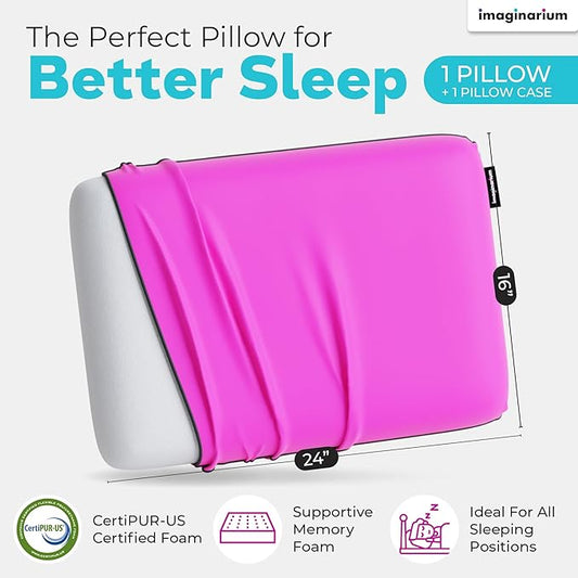 Imaginarium Memory Foam Pillow for Bed - 16" x 24" Standard – Fun Decorative Colorful Pillow for Sleeping - Back, Stomach & Side Sleepers – Includes Cooling Cover (Party Pink)