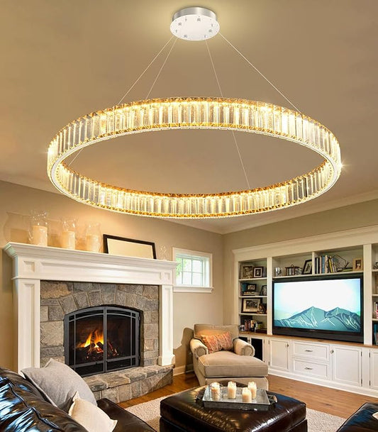 32'' Modern Ring Chandelier Crystal Chandeliers for Dining Room Round LED Dimmable Ceiling Light Fixture for Living Room Bedroom Lighting Silver