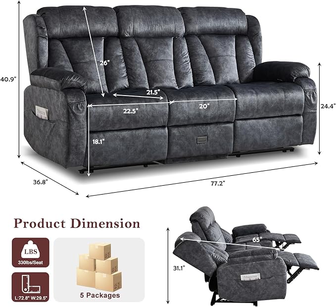77.2" Manual Reclining Loveseat Sofa - Wall Hugger 3 Seat Loveseat Recliner with Console, Fold-Down Table and Built-in Outlets, Recliner Couch for Living Room RVs Home Theater Seating(Gray, 3 Seater)