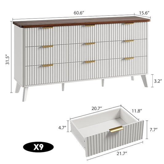 Garvee 9 Drawers Dresser for Bedroom, 60.6" Wide Dressers with Curved Profile Design, Fluted Wood Drawers with Gold Handle, Modern Chest of Dressers with Thickened Design for Living Room, White