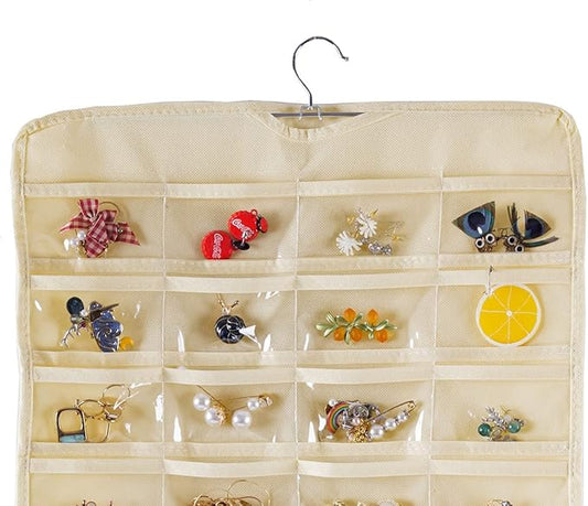 Bloss Hanging Jewelry Organizer 80 Pockets Hanging Double-Side Jewel Hanger For Jewelry Earring Storage, Jewelry Organizers and Storage for Wall, Door, Travel-Beige