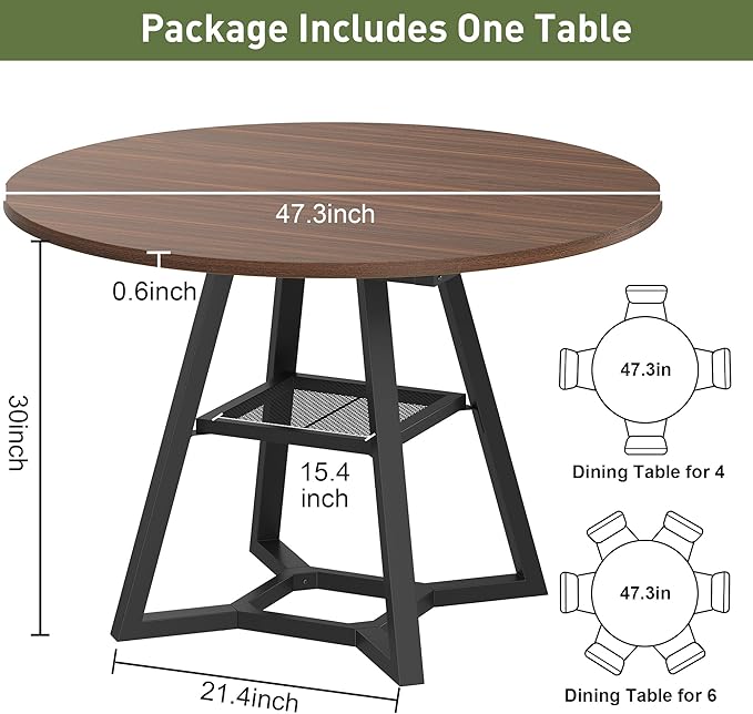 Round Dining Table for 4-6 with Storage Shelf, Kitchen & Dining Room Circle Pedestal Table, Heavy Duty Metal Frame & Wood Top