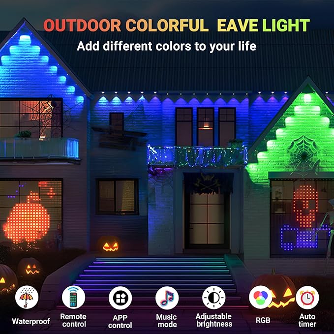 100FT Permanent Outdoor RGB Lights - IP67 Waterproof Smart 50 LEDs Eaves Lights with App/Remote Control,for Christmas and All Holiday Decor, Daily and Accent Lighting,House Roof,Garden Lighting